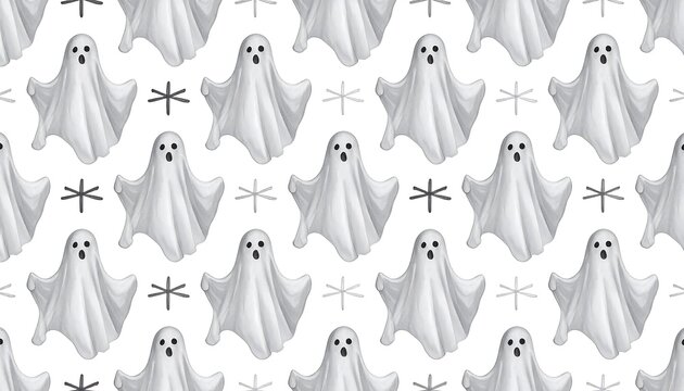 A repeating pattern of white ghosts and asterisks on a white background