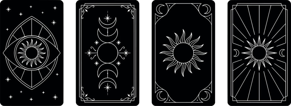Set of four mystical tarot cards with celestial symbols
