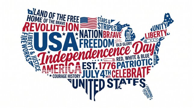 Typography Map Illustration Featuring American Independence Day Patriotic Themes and Symbols for National Holiday Celebration Design