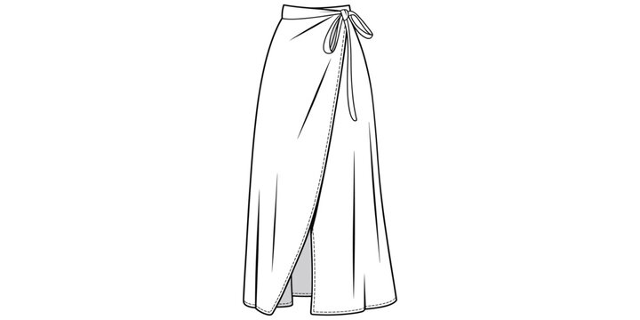 Fashion wrap skirt design, high waist garment, asymmetrical hem clothing, tie closure apparel, sewing pattern sketch, technical drawing, flat vector illustration