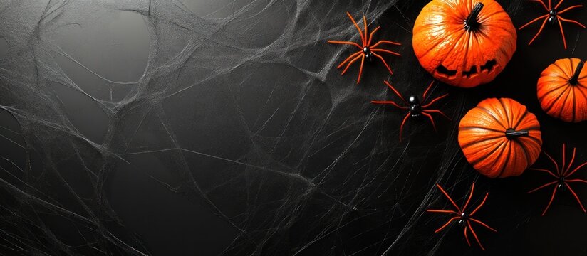 Halloween flat lay with orange pumpkins, a carved jack-o'-lantern, toy spiders, and cobwebs on a dark textured background.