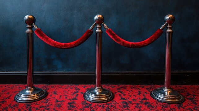 Luxury red velvet ropes and stanchions on a red carpet against a dark wall, symbolizing exclusivity and event entrance