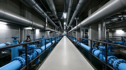 Obraz premium A serene rear view of an automated hydroelectric dam interior featuring complex pipes and valves that showcase powerful water management systems