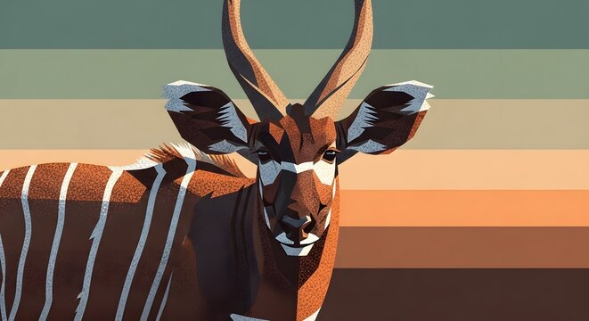 A striking portrait of a bongo antelope in vector illustration style with a striped background