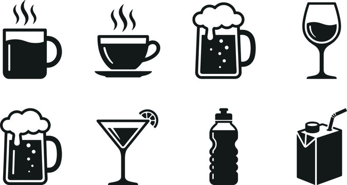 Set of black beverage icons including coffee tea beer wine cocktail water bottle and juice box vector