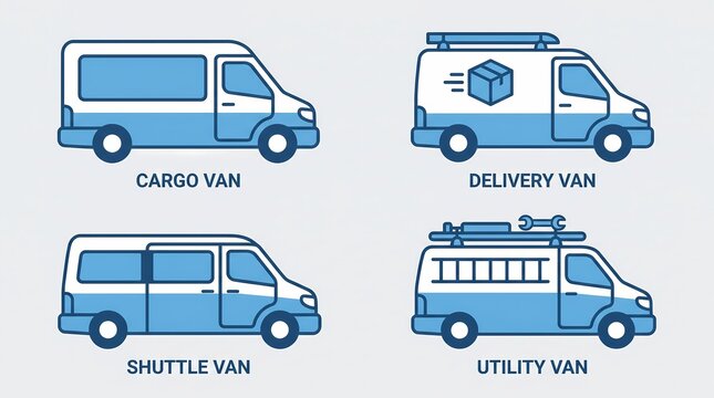 Commercial Van Icons Set with Cargo Delivery Shuttle and Utility Service Vehicles