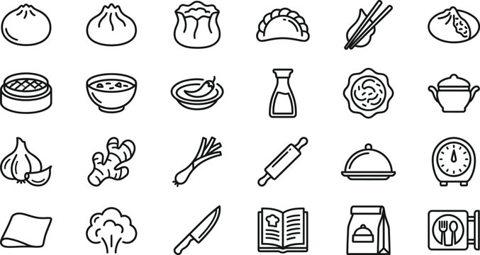 Minimalist vector illustration set featuring various delicious dim sum dumplings and traditional Asian kitchen cooking tools