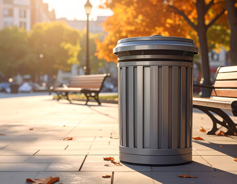 Outdoor Trash Can in Autumn Park Setting with Sunlight.