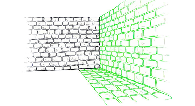 Perspective brick wall corner sketch in black and green