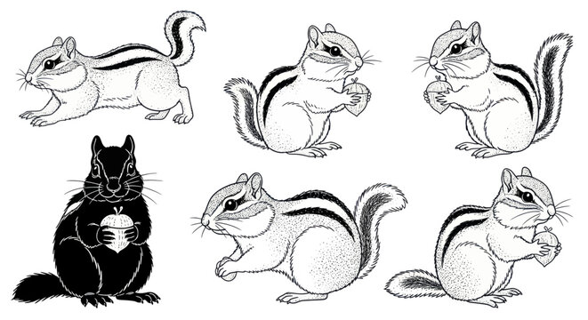 Chipmunk and squirrel set with acorns in hand drawn line art