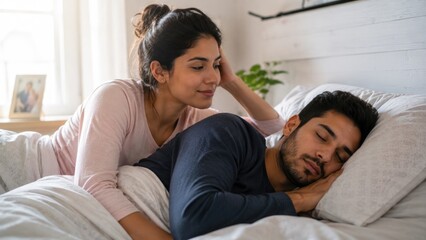 Obraz premium Caring Young Woman Watching Her Partner Sleeping Peacefully in Cozy Bedroom Morning Light