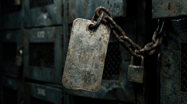 Close-up macro shot of a rusty metal tag on a chain with lockers