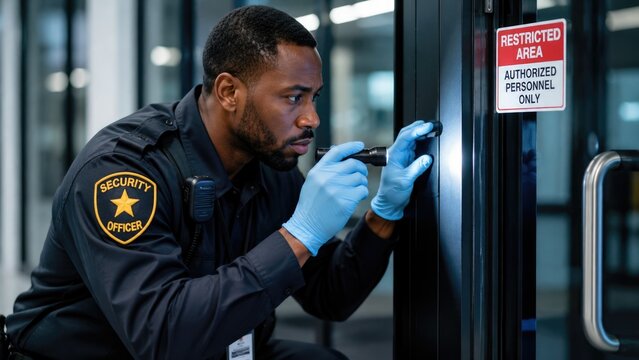 Professional Security Officer Inspecting Restricted Area Door with Flashlight During Building Safety Check