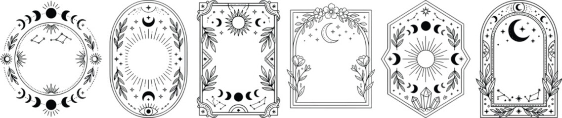 Celestial mystical frames with moon phases and stars, set of 6 esoteric borders in black line art, bohemian occult frames for tarot and astrology © Angel