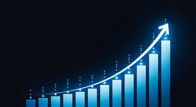 Blue glowing bar graph with an upward arrow on a dark background showing growth