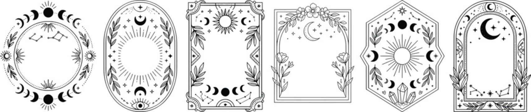 Celestial mystical frames with moon phases and stars, set of 6 esoteric borders in black line art, bohemian occult frames for tarot and astrology