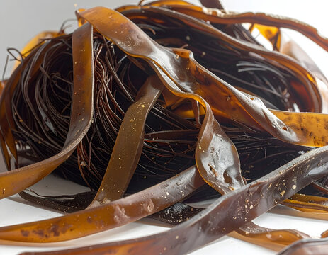Close-up of Fresh Brown Seaweed Kelp Strands on White Background.