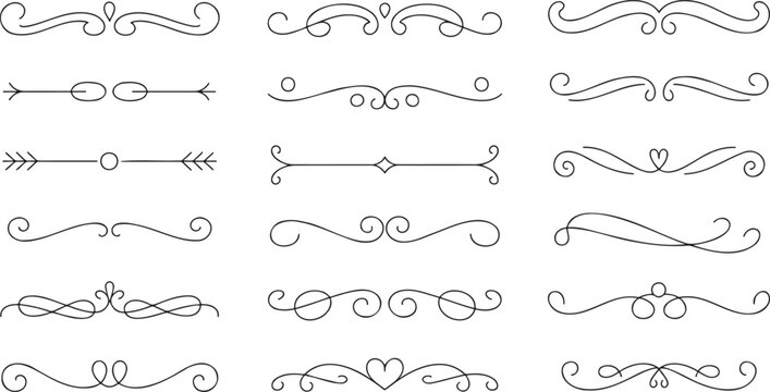 Charming collection of elegant black line art page dividers featuring graceful swirls and delightful heart motifs