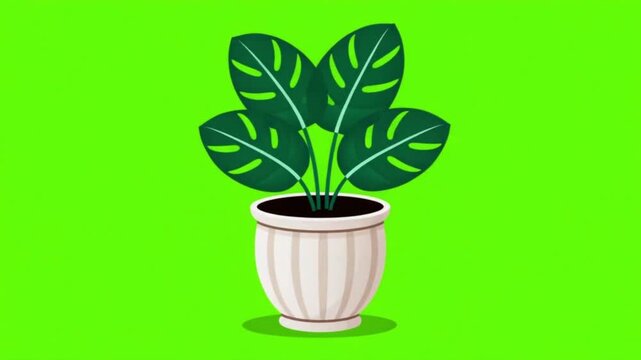 Vector Growing Monstera Plant in Ceramic Pot Animation on Green Screen Background
