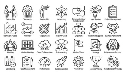 Fototapeta premium SEO Title: Corporate Teamwork Editable Stroke Thin Line Icons Business Management Vector Set