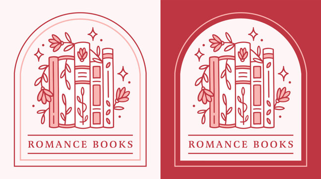 Romance books bookshelf pink and red drawing romantic book club girl shirt design sticker badge illustration. Romantasy reader floral dark academia bookstore aesthetic poster sign label art print.