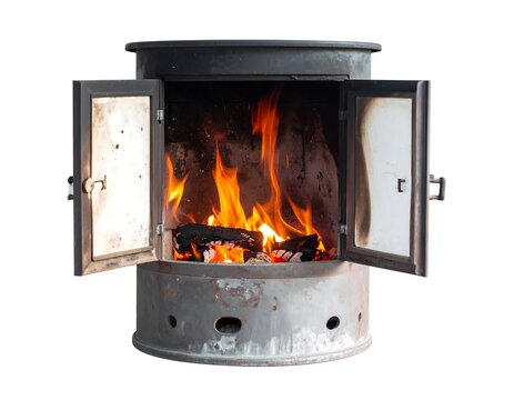 A metal cylindrical object with a burning fire inside, open doors