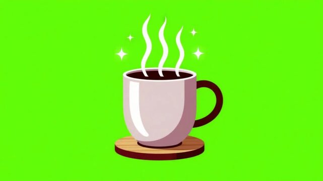 Minimalist Vector Steaming Coffee Mug Animation on Green Screen Chroma Key
