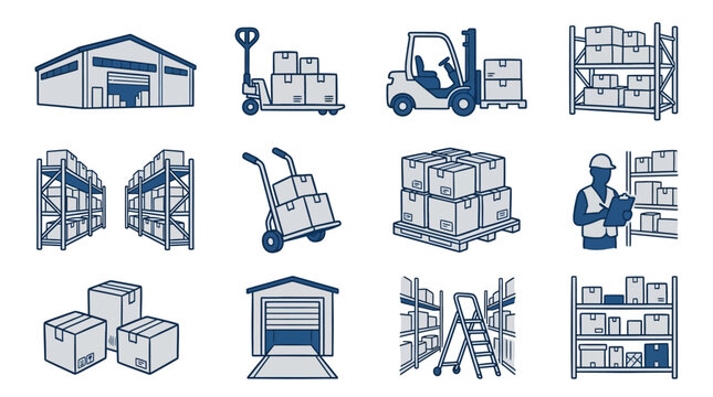 Warehouse and Logistics Icons Storage, Forklift, Pallets, Boxes, and Loading Dock Illustrations