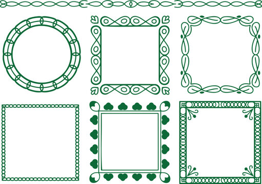Comprehensive green line art collection featuring a circular frame four square borders and a decorative divider