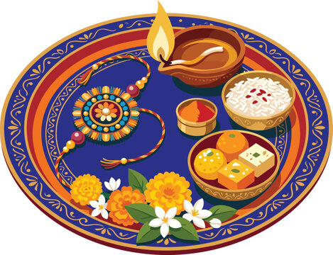 Traditional Raksha Bandhan thali with beautiful rakhi thread diya lamp sweets rice kumkum and marigold flowers for brother and sister Indian festival celebration.
