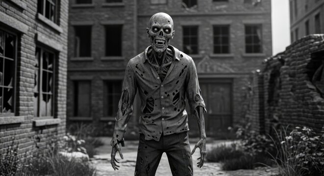 Scary zombie man standing in abandoned city street.