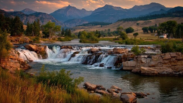 Scenic mountain landscape with wide cascading waterfall at sunset.