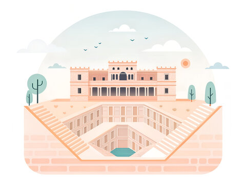 Rani ki Vav stepwell perspective  Modern minimal flat vector illustration, geometric shapes