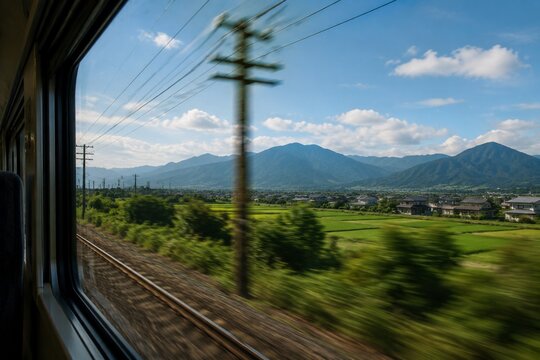 View from a fast-moving train window showing motion parallax with blurred poles and distant mountains.