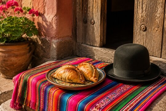 Aguayo textile with salte&ntilde;as and bowler hat on doorstep, Bolivian tradition concept.