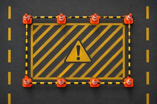 Precisely arranged traffic cones and tape on asphalt, top-down view.