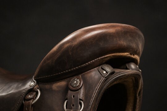 Close-up of a western saddle's leather cantle with metal fittings on dark background.