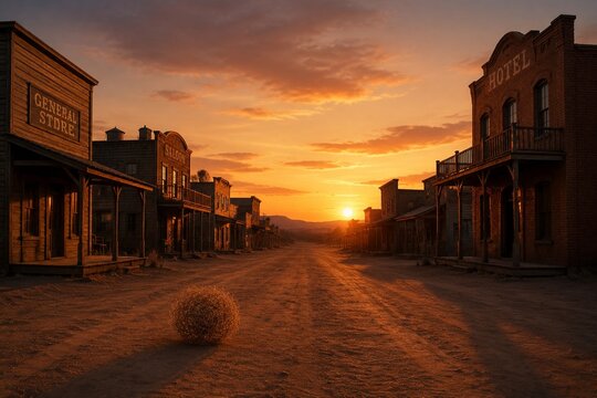 An empty main street of a deserted town at dusk with old buildings and long shadows.