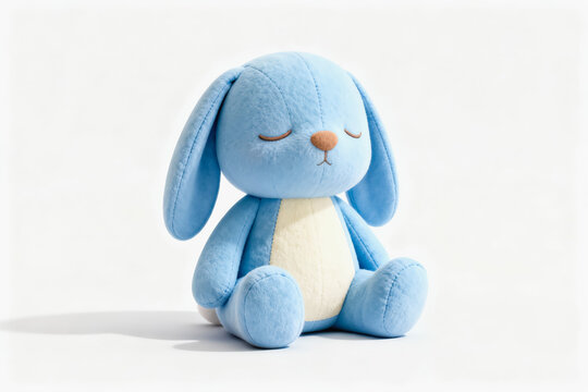 A soft blue stuffed bunny toy with closed eyes, sitting on a plain white background, a gentle plush animal figure.