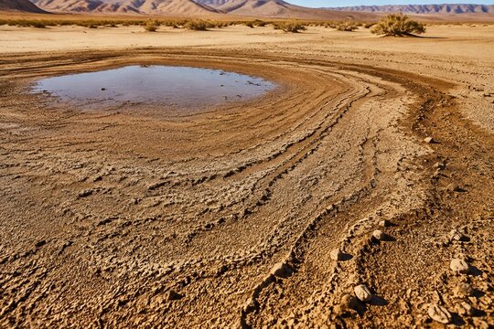 A drying desert puddle with receding water lines and textured sand patterns.