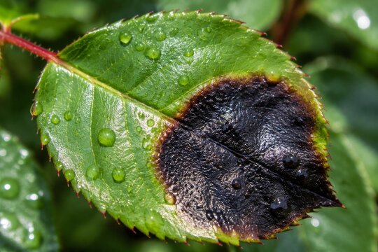 Close-up of a rose leaf with a dark canker spot and dewdrops.