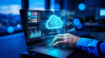 Fototapeta premium Professional developer working on neural cloud artificial intelligence interface on laptop screen in dark office environment with glowing digital data visualization charts
