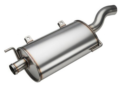 Stainless steel muffler with exhaust pipe and mounting brackets attached