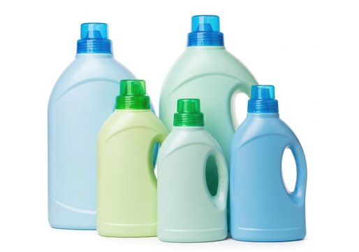 Assorted laundry detergent bottles in various sizes and colors.