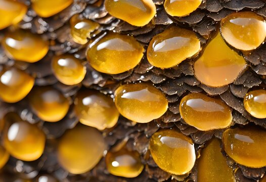 Close-up of stingless bee honey pots filled with golden nectar inside natural colony nest. 