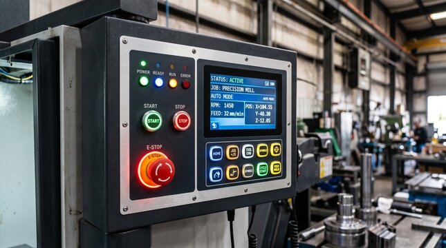 CNC machine control panel displaying active job in industrial workshop