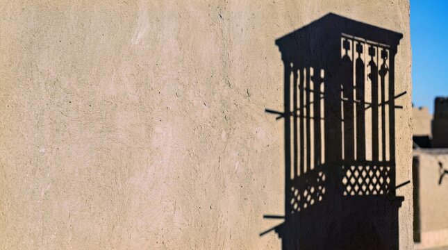 Windcatcher Shadow on Clay Wall Captures Traditional Architecture in Warm Sunlight