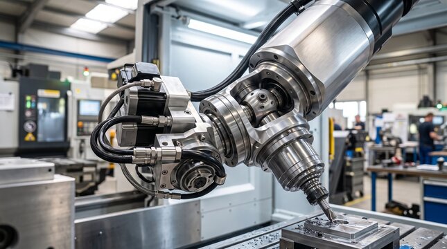 Industrial robotic arm machining metal component in factory workshop