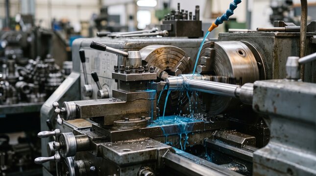 Precision lathe machine processing metal part in industrial workshop setting
