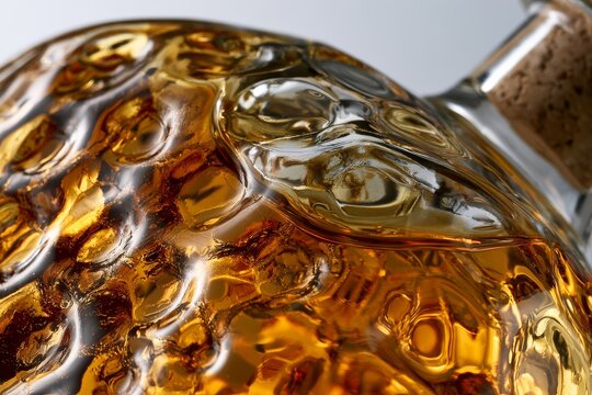 Close-up abstract view of amber liquid in a textured glass bottle with cork stopper
